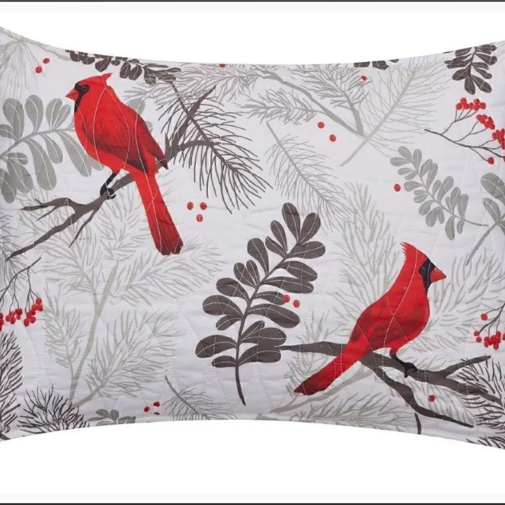 NEW! Red Cardinals Farmhouse Printed QUEEN Quilt Set with matching Tote Boho
